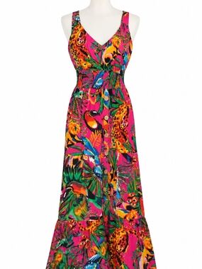 Vibrant Pink Tropical Print Maxi Dress
